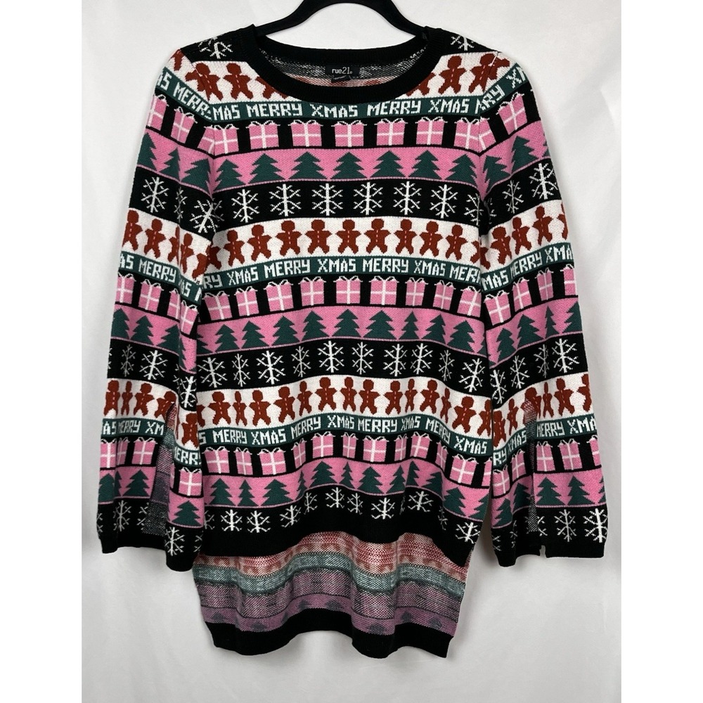 Rue21 Pink Ugly Christmas Sweater Dress Knit Tunic XS Gingerbread Man Xmas Party